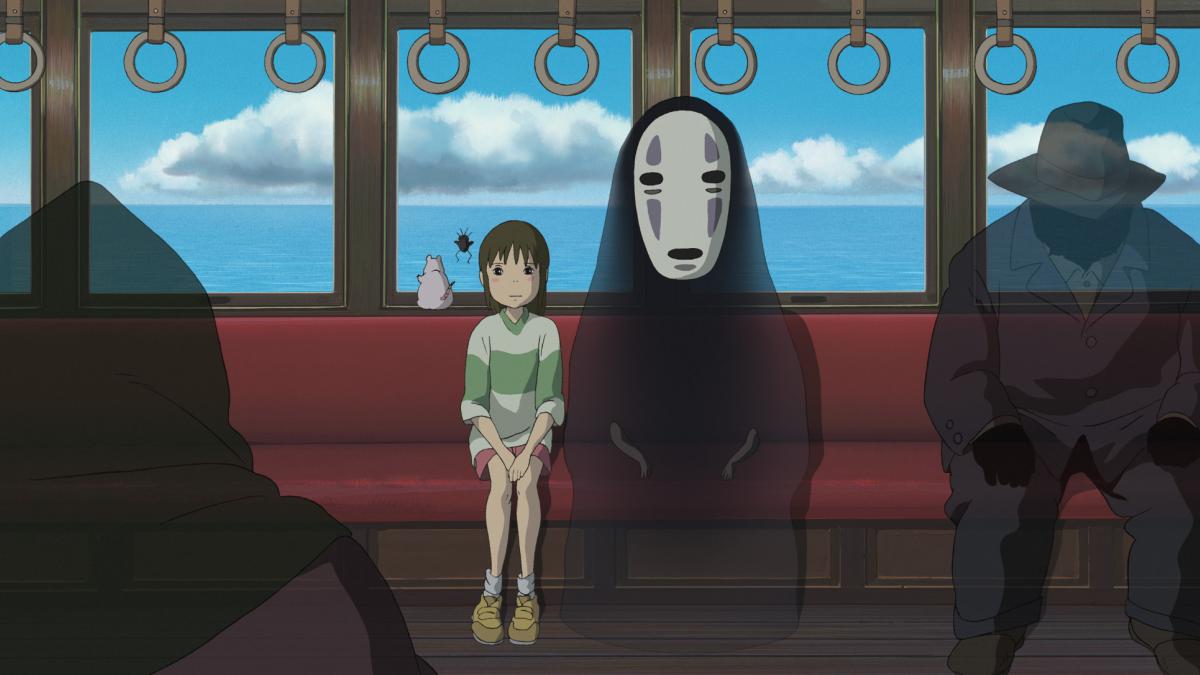 animated girl and ghost in cloak seated on tram